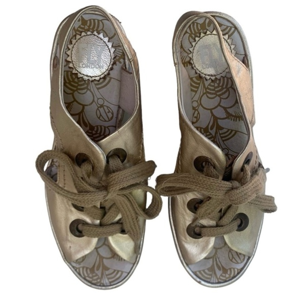 Fly London Ylva Gold Neutral Wedge Lace-Up Sandals 6.5/7 Lagenlook Neutral